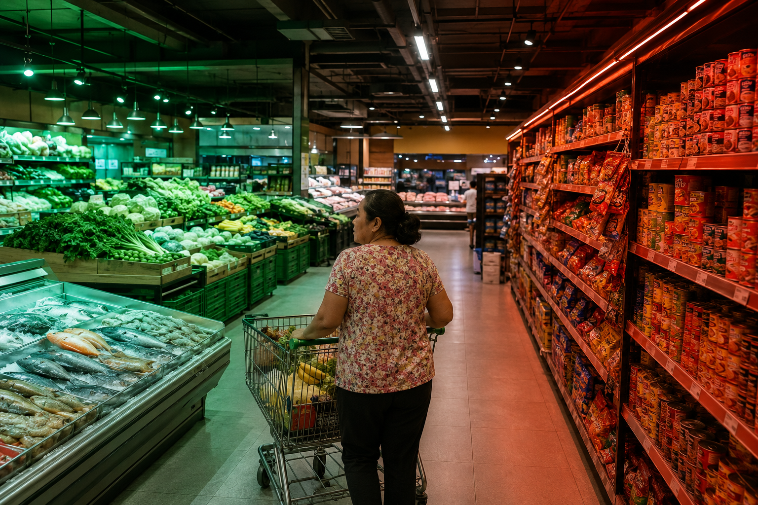 Philippine supermarket aisle safety map for CKD patients color-coded green yellow red by section showing where to shop and what to avoid