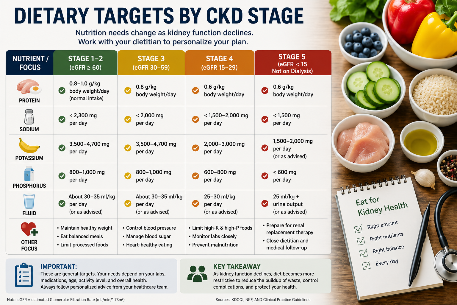 Dietary Targets by CKD Stage — table showing protein, sodium, potassium, phosphorus, and fluid targets for Stages 1–2, 3, 4, and Stage 5 not on dialysis, with color-coded columns and key takeaway notes.