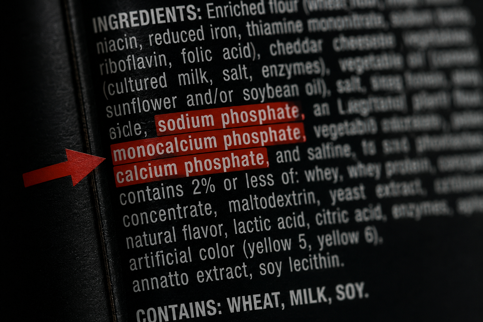 Visual guide to spotting hidden phosphate additives on Philippine food labels showing chemical names and E-numbers to avoid