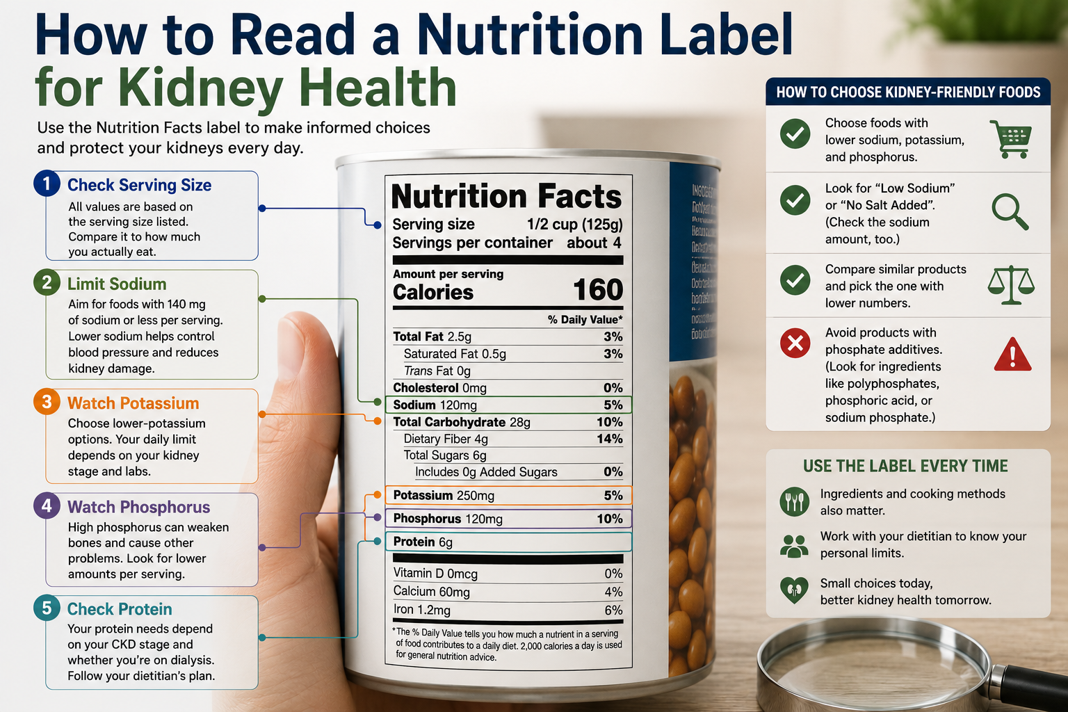 How to Read a Nutrition Label for Kidney Health — annotated Nutrition Facts label highlighting serving size, sodium, potassium, phosphorus, and protein; with checklist for choosing kidney-friendly packaged foods.