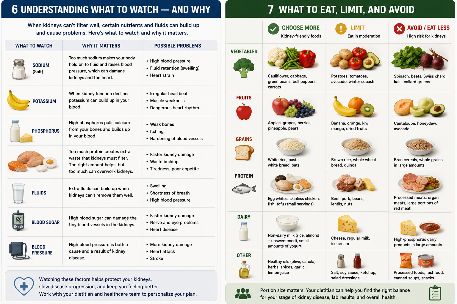 Dual infographic: left panel shows 6 nutrients to watch (sodium, potassium, phosphorus, protein, fluids, blood sugar/BP) and why they matter; right panel shows foods to choose more, limit, or avoid across vegetables, fruits, grains, protein, dairy, and other categories.