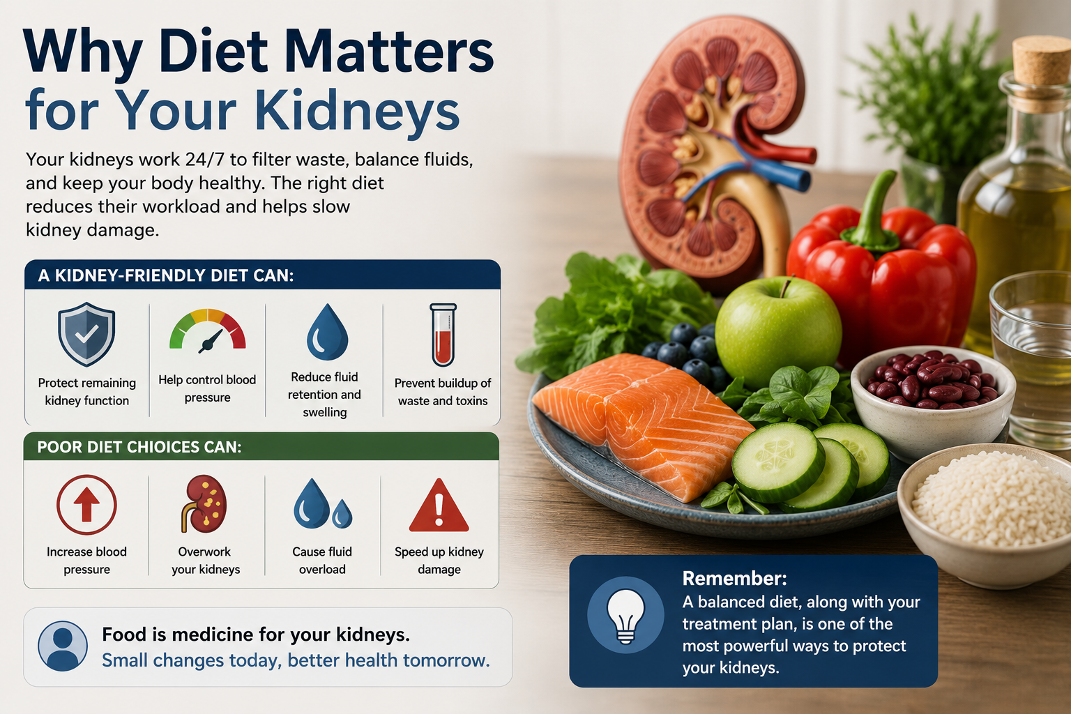 Why Diet Matters for Your Kidneys — infographic showing how a kidney-friendly diet protects kidney function, controls blood pressure, reduces fluid retention, and prevents waste buildup; poor diet choices accelerate kidney damage.