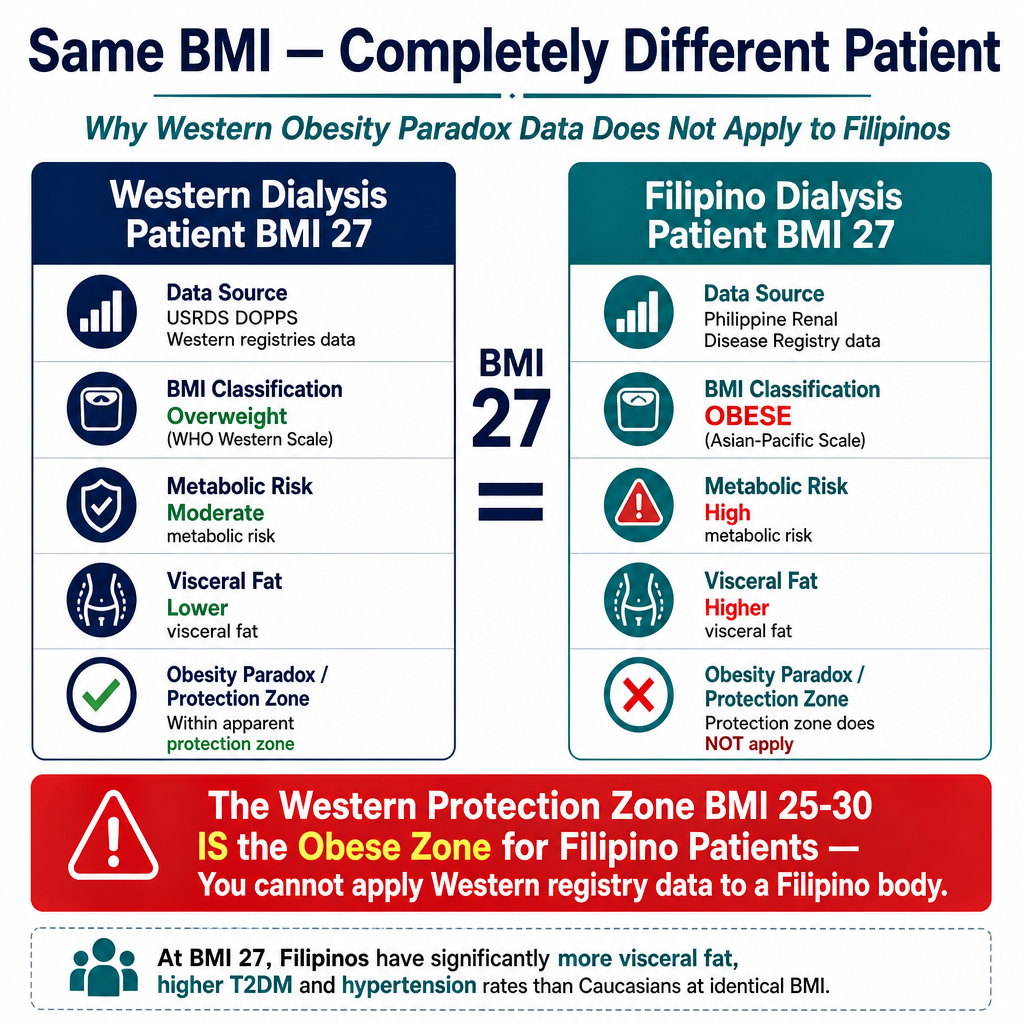 Same BMI — Completely Different Patient: Western dialysis patient at BMI 27 (overweight by Western scale, within apparent protection zone) versus Filipino dialysis patient at BMI 27 (OBESE by Asian-Pacific scale, protection zone does not apply)