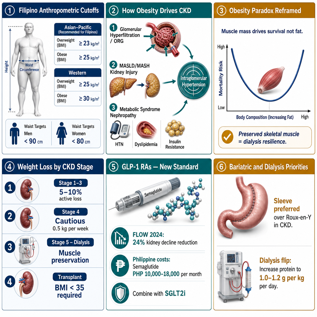 Obesity, Overweight & CKD — Clinical Graphical Abstract for Practitioners. Asia-Pacific BMI cutoffs (overweight ≥23, obese ≥25), waist targets (men <90 cm, women <80 cm). Anthropometric cutoffs in Filipino practice. How obesity drives CKD: glomerular hyperfiltration / ORG, MASLD/MASH-related kidney injury, metabolic syndrome nephropathy. The obesity paradox contemporary interpretation. Intentional weight loss by CKD stage. GLP-1 receptor agonists in CKD (FLOW 2024, SUSTAIN-6/REWIND/LEADER, SELECT 2023, SURMOUNT). Bariatric surgery and dialysis-specific priorities.