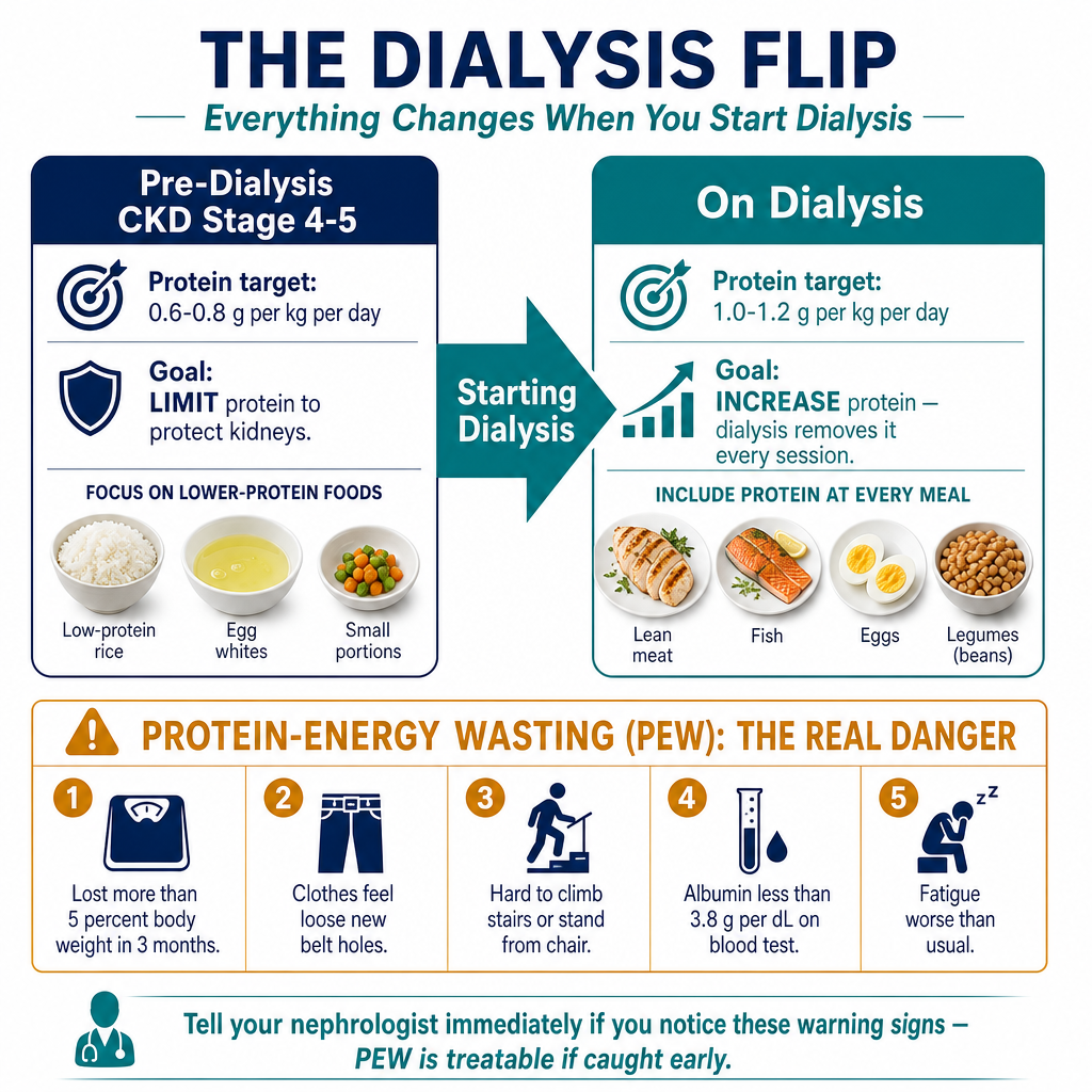 The Dialysis Flip infographic: Pre-dialysis protein 0.6-0.8 g/kg/day limit protein to protect kidneys (low-protein rice, egg whites, small portions) versus On Dialysis protein 1.0-1.2 g/kg/day increase protein dialysis removes it (lean meat fish eggs legumes). Protein-Energy Wasting PEW warning signs: lost more than 5% body weight in 3 months, loose-fitting clothes, hard to climb stairs, albumin less than 3.8, fatigue worse than usual.