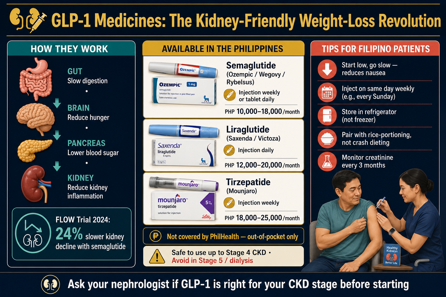 GLP-1 Medicines infographic: How they work (gut to brain to pancreas to kidney signalling), available in the Philippines (semaglutide Ozempic/Wegovy PHP 10,000-18,000/month, liraglutide Saxenda PHP 12,000-20,000/month, tirzepatide Mounjaro PHP 18,000-25,000/month), tips for Filipino patients, FLOW Trial 2024 showing 24% slower kidney decline with semaglutide.