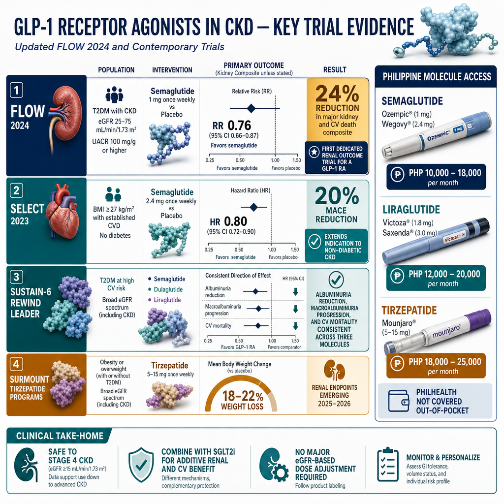 GLP-1 Receptor Agonists in CKD Key Trial Evidence updated FLOW 2024. Four trial rows with forest plots: FLOW 2024 semaglutide 1mg/week in T2DM with CKD eGFR 25-75 UACR 100+ — RR 0.76 95% CI 0.66-0.87 — 24% reduction in major kidney/CV death composite, first dedicated renal outcome trial for a GLP-1 RA; SELECT 2023 semaglutide 2.4mg/week in BMI 27+ CVD no diabetes — HR 0.80 — 20% MACE reduction extends indication to non-diabetic; SUSTAIN-6/REWIND/LEADER semaglutide/dulaglutide/liraglutide — consistent reduction in albuminuria macroalbuminuria CV mortality; SURMOUNT/Tirzepatide programs emerging 18-22% body weight loss. Philippine molecule access: semaglutide PHP 10,000-18,000/month, liraglutide PHP 12,000-20,000/month, tirzepatide PHP 18,000-25,000/month, PhilHealth not covered. Clinical practice take-home: safe to Stage 4, combine with SGLT2i, no major eGFR-based dose adjustment.
