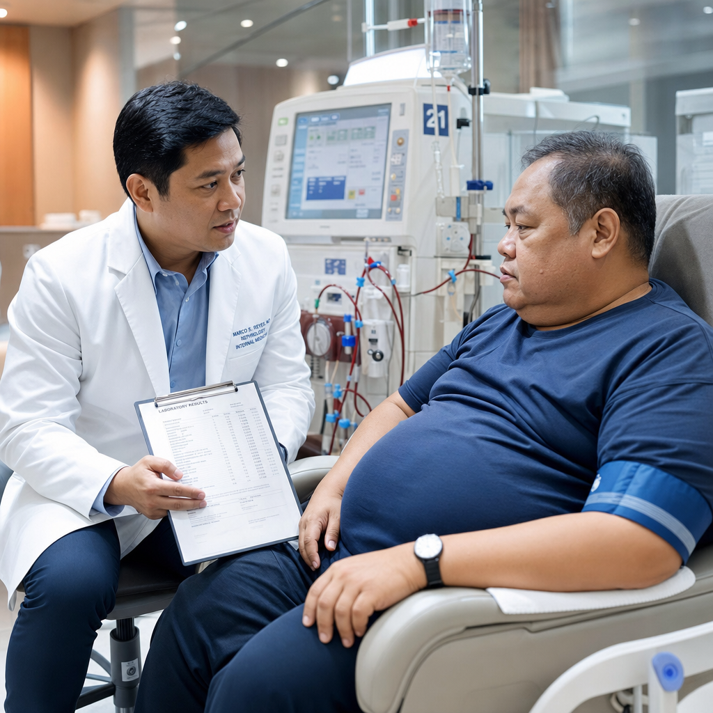 Filipino nephrologist consulting with overweight dialysis patient in a Philippine dialysis center — a clinical encounter that prompted a critical re-examination of the obesity paradox