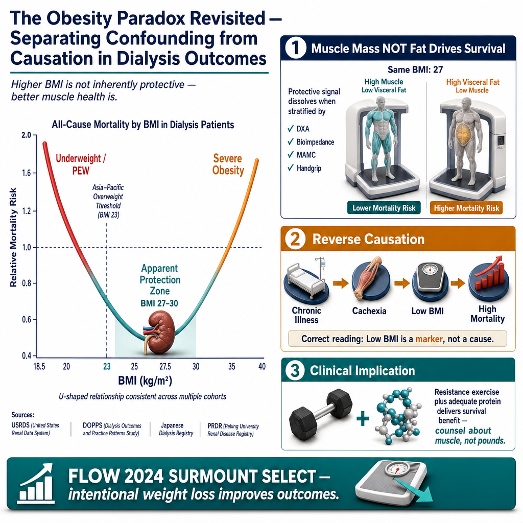 The Obesity Paradox Revisited: Separating Confounding from Causation in Dialysis Outcomes. Left panel U-curve graph: all-cause mortality by BMI in dialysis cohort (USRDS, DOPPS, Japanese registry, PRDR), U-shaped curve with nadir at BMI 27-30 labeled apparent protection zone, ascending limbs labeled Underweight/PEW increased mortality and Severe obesity increased mortality, dashed line at Asia-Pacific overweight threshold BMI 23. Right panel mechanistic reframe: 1 Muscle mass not fat drives survival — BMI 27 high muscle vs BMI 27 high visceral fat, protective BMI signal dissolves when stratified by DXA/bioimpedance/MAMC/handgrip; 2 Reverse causation — chronic illness to cachexia to low BMI to high mortality, low BMI is a marker not a cause; 3 Clinical implication — resistance exercise plus adequate protein delivers the survival benefit, counsel about muscle not about pounds. Bottom bar: most recent prospective data FLOW SURMOUNT-CKD SELECT show benefit from intentional pharmacologically supported weight loss further weakening paradox-as-protection.