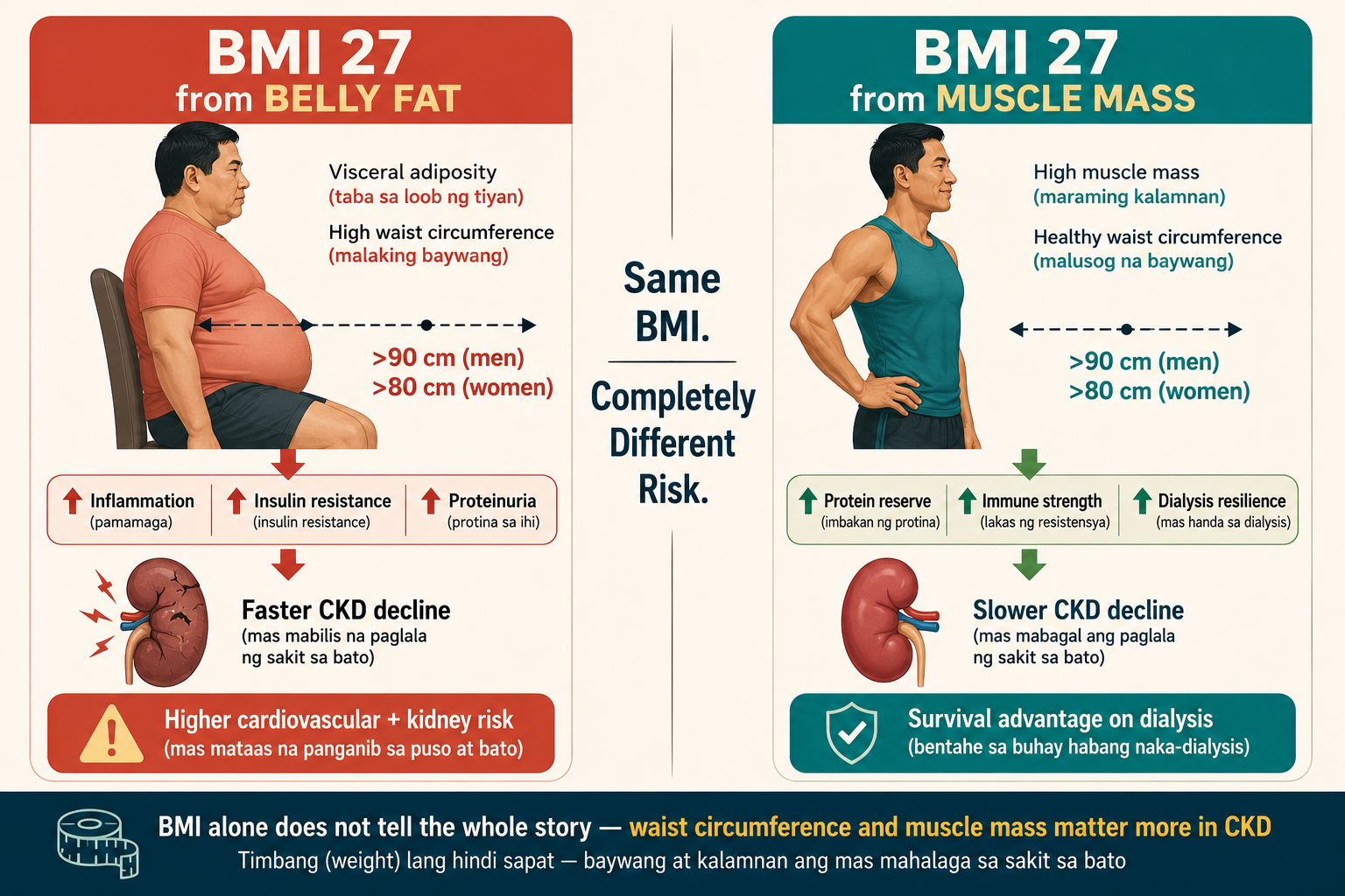 Side-by-side diptych: BMI 27 from belly fat (left) shows visceral adiposity, high waist circumference, faster CKD decline and higher cardiovascular risk; BMI 27 from muscle mass (right) shows lean physique, protein reserve, dialysis resilience and survival advantage. Center text: Same BMI. Completely Different Risk.