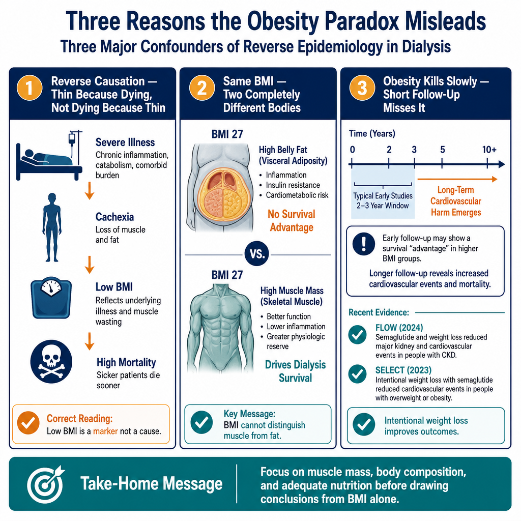 Three confounders of the obesity paradox: reverse causation (thin because dying not dying because thin), muscle vs fat at same BMI 27 (preserved muscle drives survival not visceral fat), short follow-up misses long-term cardiovascular harm