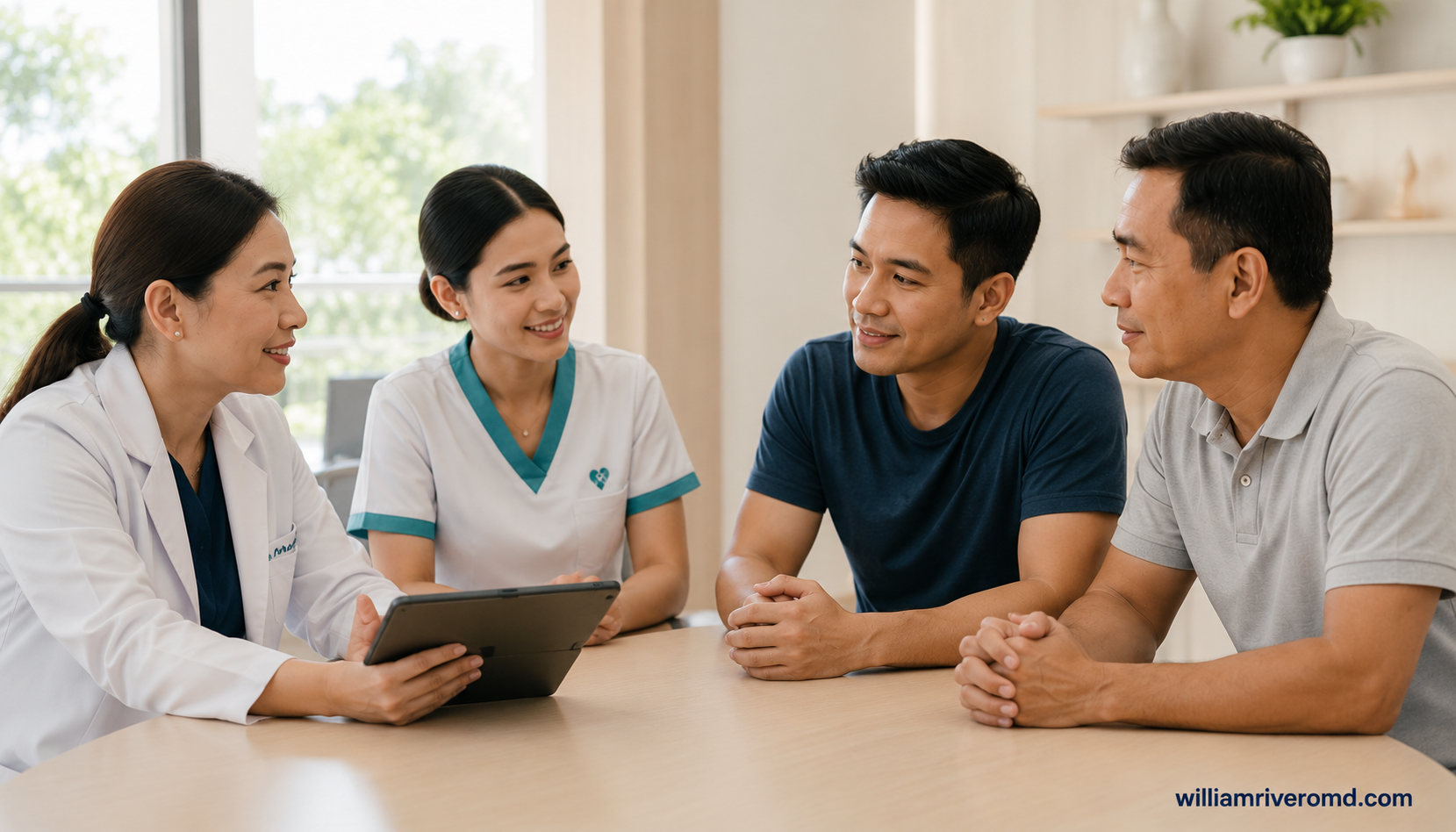 Filipino nephrologist and dialysis nurse sitting with a kidney patient and his family member at a clinic table, planning the holiday dialysis schedule together