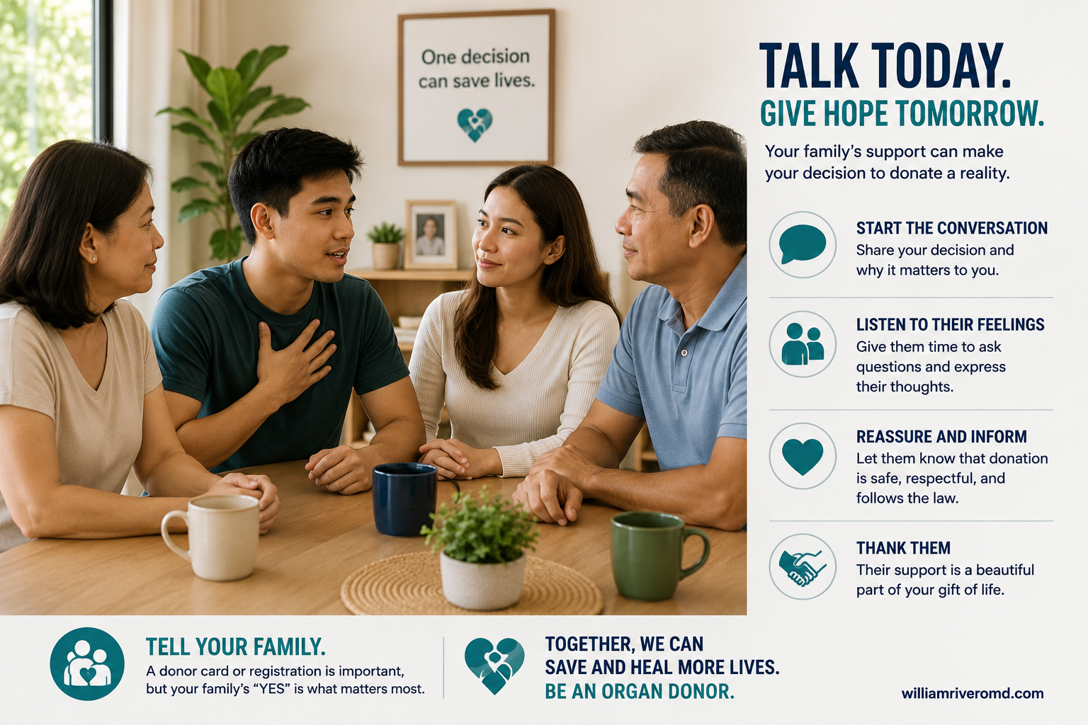 A compassionate Filipina transplant coordinator sits at eye level with a grieving Filipino couple in a bright hospital family room — an unhurried, pressure-free donation conversation