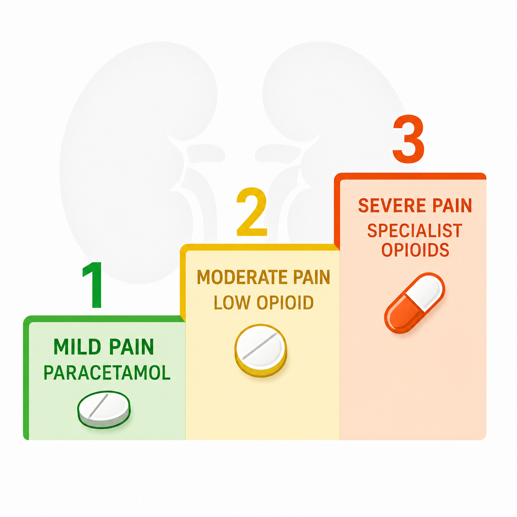 Modified analgesic ladder for CKD showing step-by-step pain management from topical treatments through paracetamol to specialist opioids with NSAIDs crossed out
