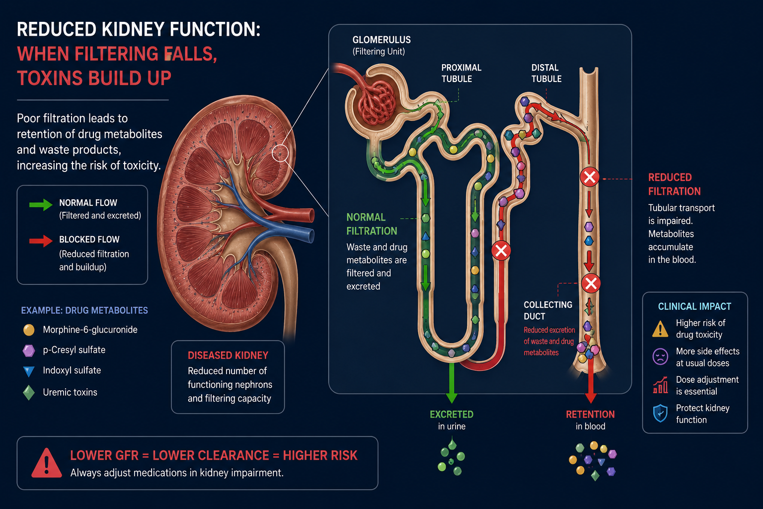 Diagram showing how CKD reduces drug clearance causing accumulation of pain medications and their metabolites to toxic levels