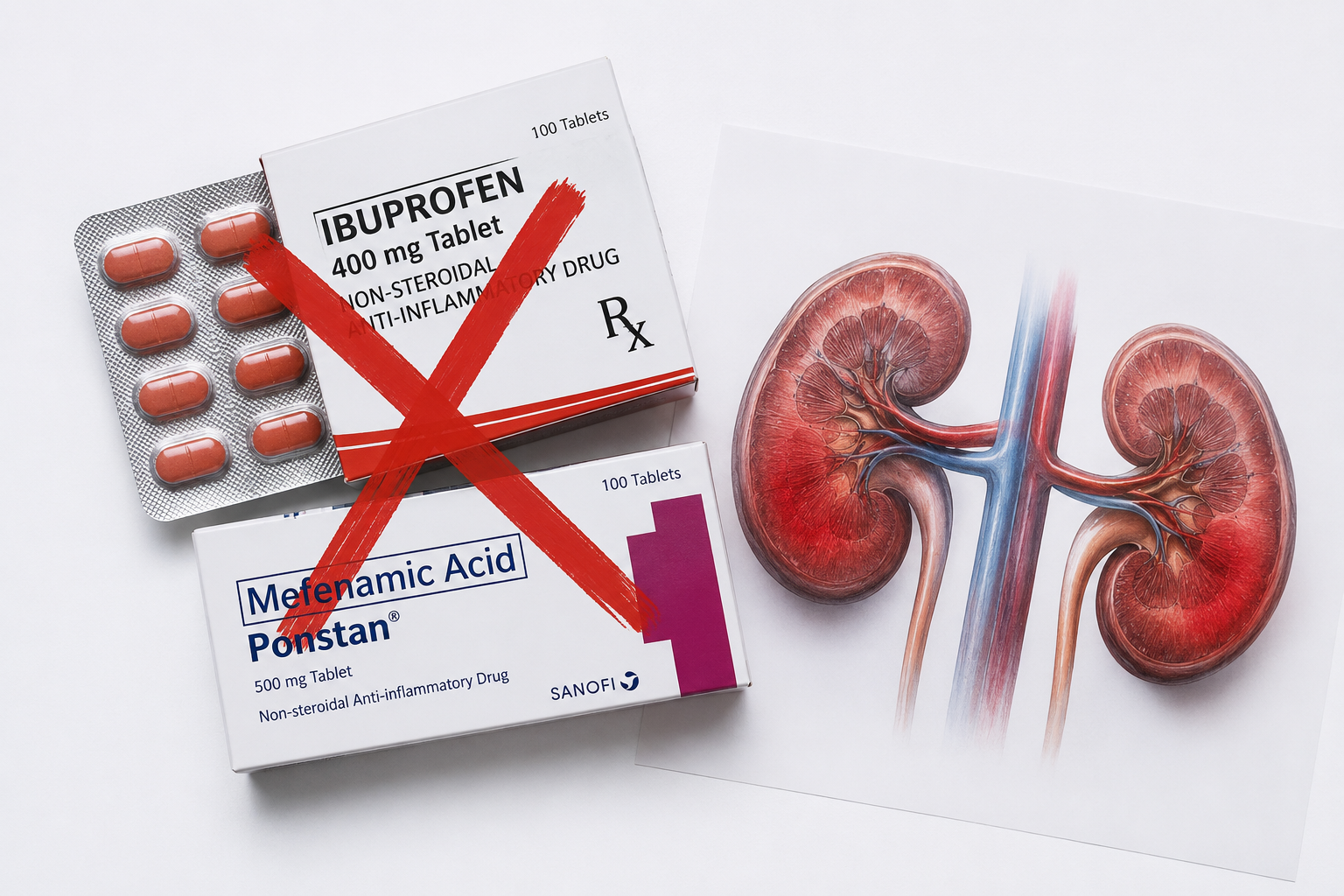 Warning infographic showing how NSAIDs cause kidney damage through prostaglandin inhibition causing renal vasoconstriction and reduced GFR