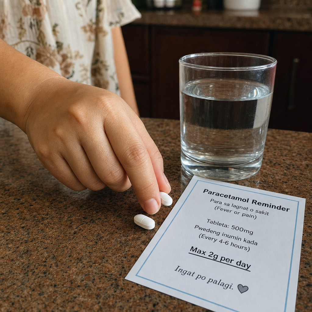 Filipino patient reading paracetamol packaging at home showing safe dosing for CKD with maximum 2g per day limit prominently displayed