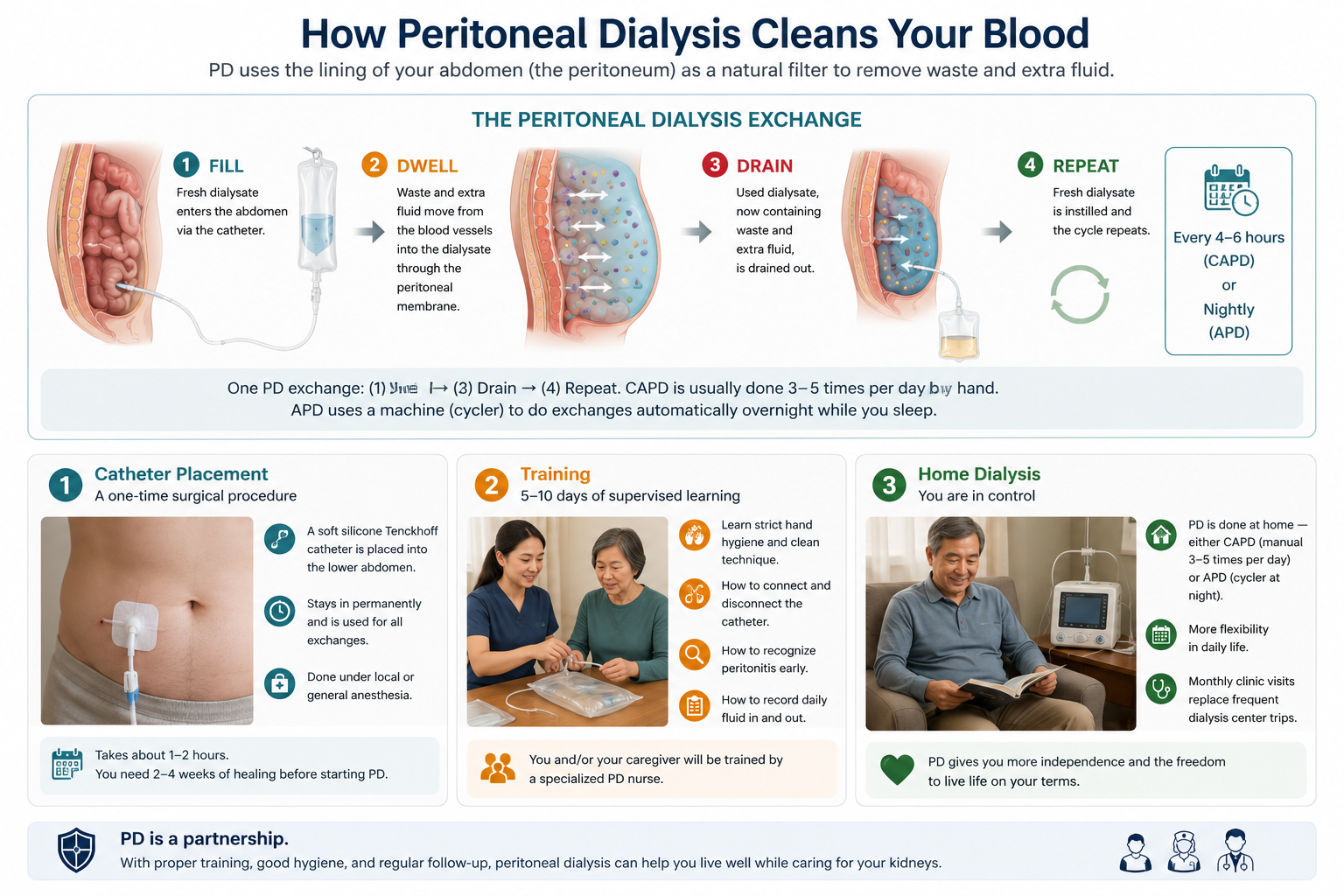 Infographic: How Peritoneal Dialysis Cleans Your Blood — Fill, Dwell, Drain, Repeat exchange cycle with Catheter Placement, Training, and Home Dialysis steps