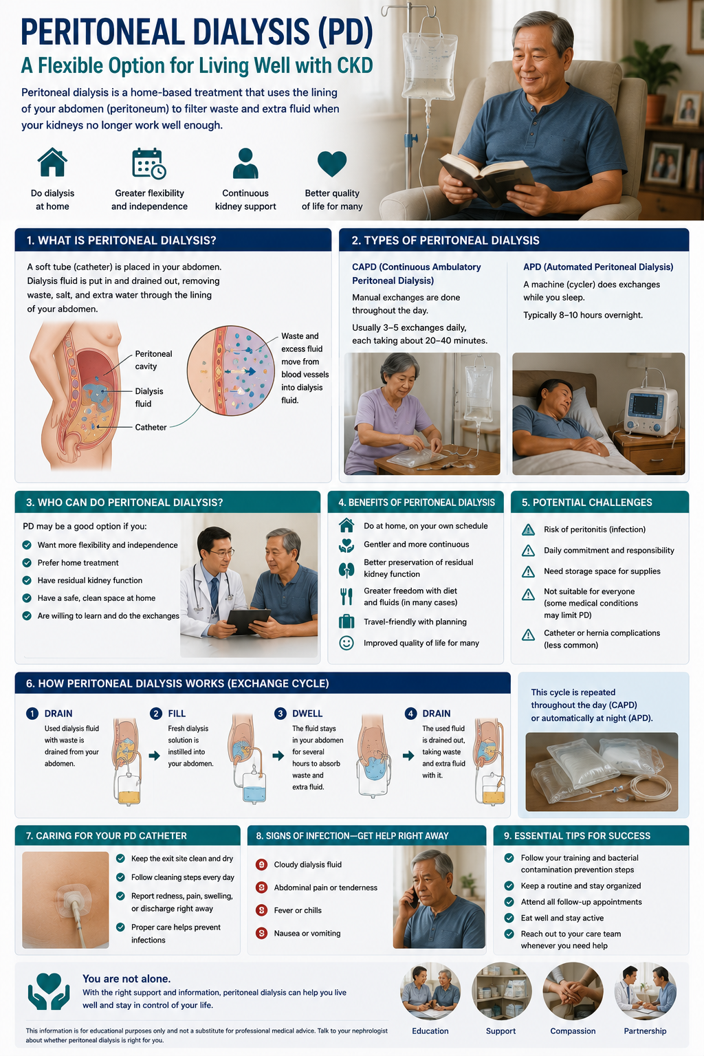 Infographic: Peritoneal Dialysis — A Flexible Option for Living Well with CKD, covering what PD is, types (CAPD/APD), who can do it, benefits, challenges, exchange cycle, catheter care, signs of infection, and success tips
