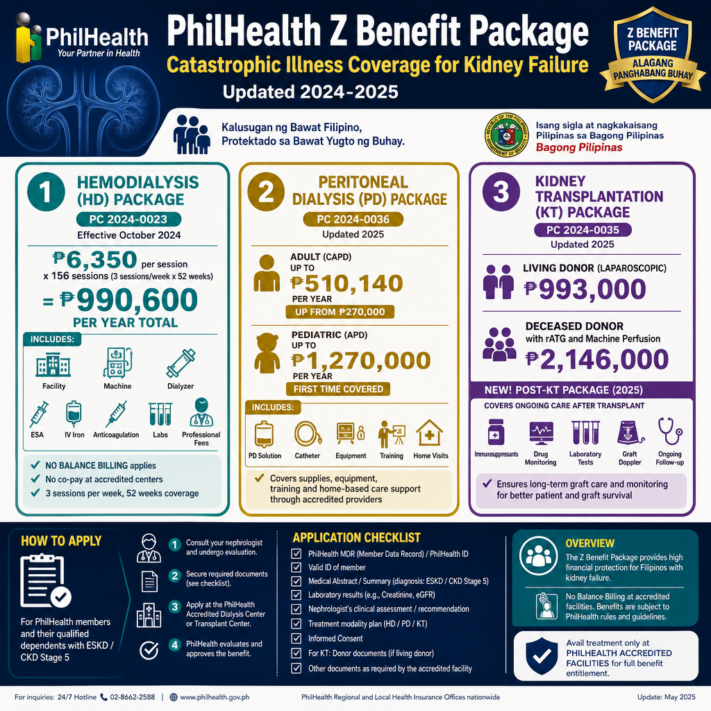 PhilHealth HD package coverage details — ₱6,350 per session × 156 sessions = ₱990,600/year — what's included: facility, machine, dialyzer, ESA, IV iron, labs, professional fees — No Balance Billing policy