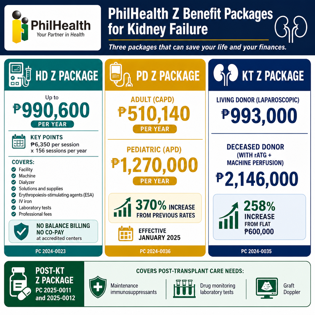 PhilHealth Z Benefit Packages overview — HD package ₱990,600/year, PD Z package up to ₱1.27M/year, Kidney Transplant Z package up to ₱2.146M — 2024–2025 updates