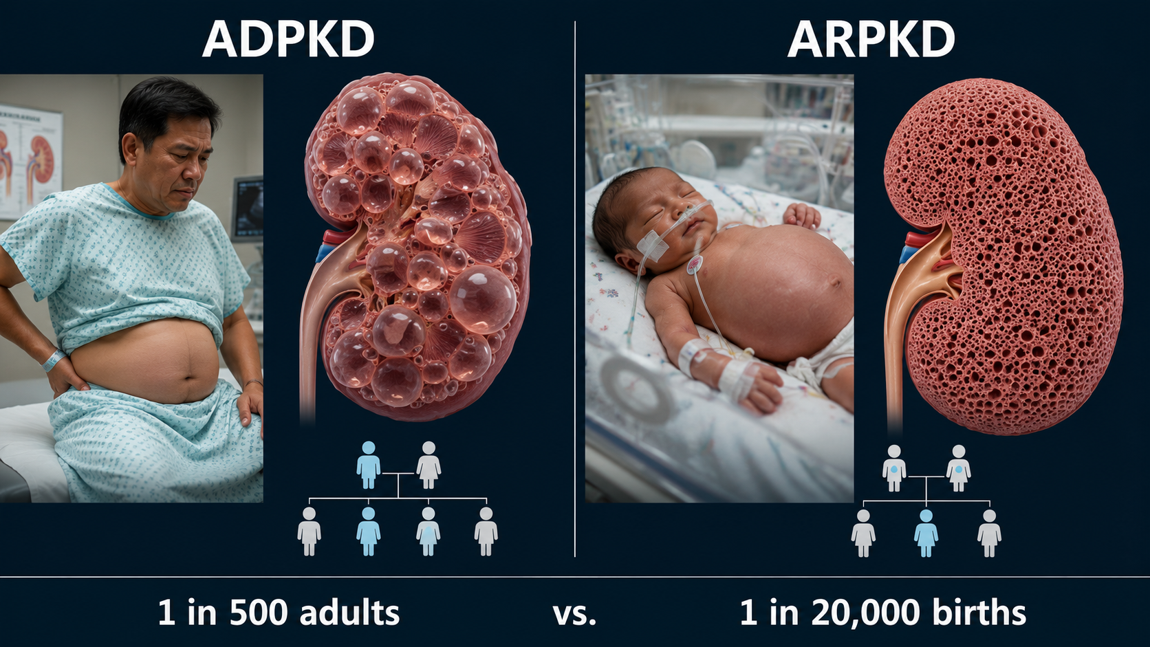 Side-by-side comparison of ADPKD and ARPKD: left panel shows a Filipino man in his 40s in a clinic gown with a distended abdomen beside a 3D cross-section of a kidney filled with large fluid-filled cysts, with an autosomal dominant inheritance family tree (1 in 500 adults); right panel shows a newborn Filipino infant in a NICU incubator with a massively distended abdomen beside a sponge-like kidney with thousands of tiny microscopic cysts throughout, with a recessive inheritance tree (1 in 20,000 births)