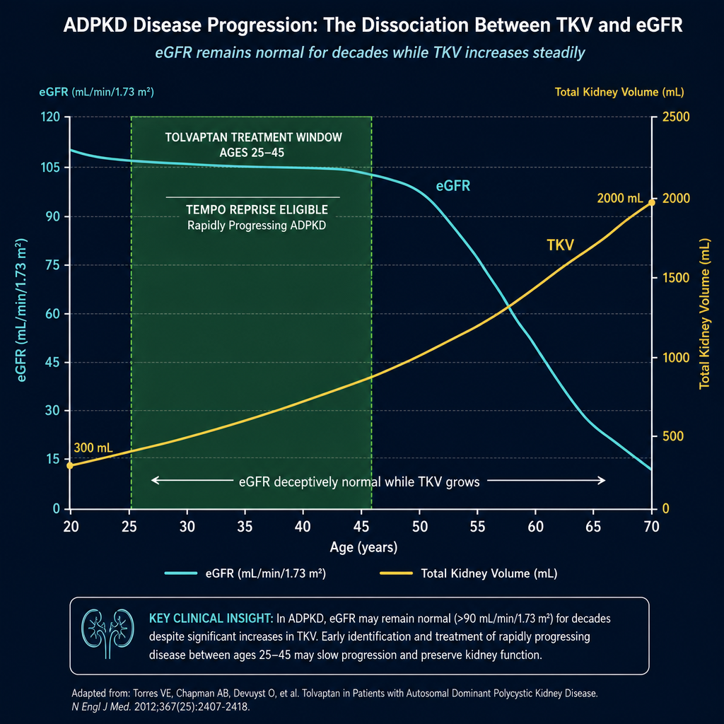 ADPKD progression chart — eGFR stays normal for decades while Total Kidney Volume rises steadily, tolvaptan treatment window highlighted