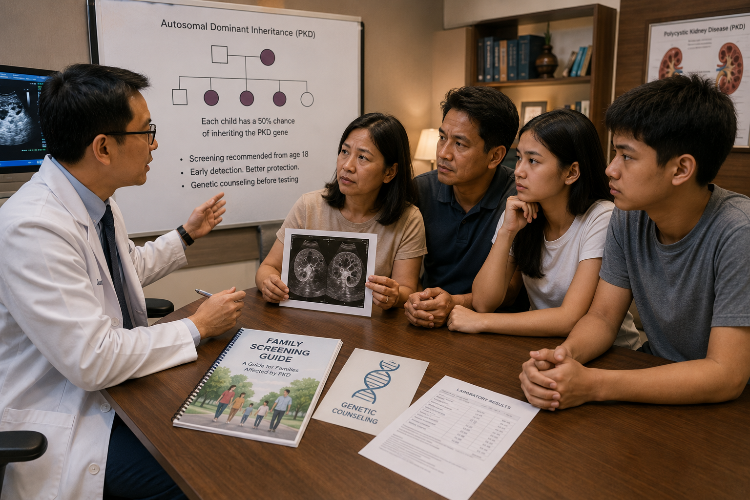 Filipino family of four — mother who is the known PKD patient, father, teenage daughter, and teenage son — seated across from a Filipino nephrologist in a professional consultation room; behind the doctor is a whiteboard showing an Autosomal Dominant Inheritance diagram with text stating each child has a 50% chance of inheriting the PKD gene, screening recommended from age 18, and genetic counseling before testing; on the desk are a Family Screening Guide booklet, a Genetic Counseling card, and laboratory results