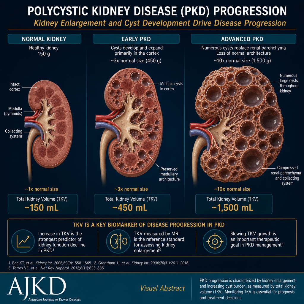 PKD kidney progression — normal kidney to early cystic disease to advanced massively enlarged PKD kidneys with Total Kidney Volume comparison