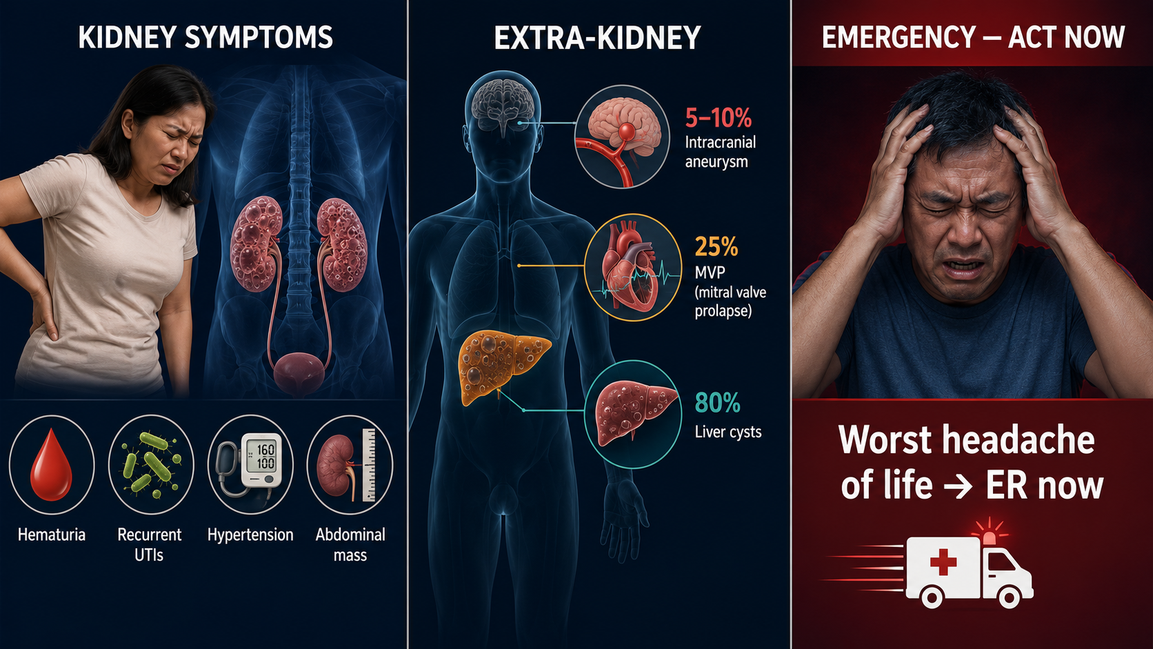 Triptych of PKD symptoms: left panel shows a Filipino woman pressing her flank with an anatomical overlay of cystic kidneys and four symptom icons (hematuria, recurrent UTIs, hypertension, abdominal mass); center panel shows a body silhouette with highlighted organs showing brain with aneurysm (5–10% intracranial aneurysm), heart with MVP wave (25% mitral valve prolapse), and liver with cysts (80% liver cysts); right panel on red background shows a Filipino man in extreme distress clutching his head with the text Worst headache of life → ER now and an ambulance icon