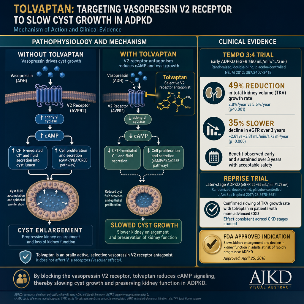 Tolvaptan mechanism — blocks vasopressin V2 receptor, reduces cAMP, slows cyst growth; TEMPO 3:4 and REPRISE trial results