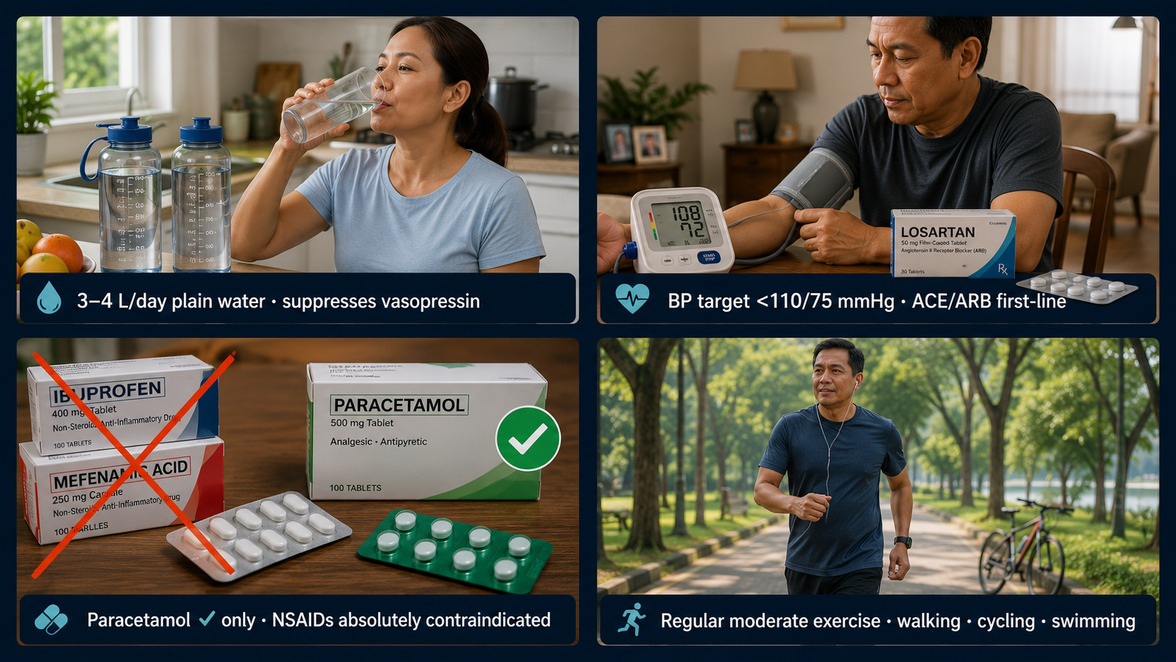 Four-quadrant clinical infographic: top-left shows a Filipino woman drinking from a large 1-liter water bottle with two more lined up beside her, captioned 3–4 L/day plain water, suppresses vasopressin; top-right shows a Filipino man checking his blood pressure reading 108/72 with a Losartan ARB medication box, captioned BP target <110/75 mmHg, ACE/ARB first-line; bottom-left shows ibuprofen and mefenamic acid boxes with large red X marks beside a paracetamol box with a green checkmark, captioned Paracetamol only, NSAIDs absolutely contraindicated; bottom-right shows a Filipino man jogging in a park with a bicycle visible, captioned Regular moderate exercise, walking, cycling, swimming