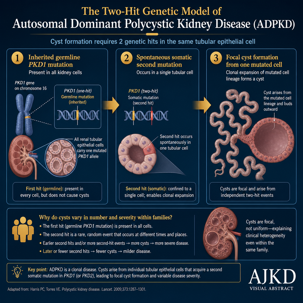 PKD two-hit genetic model — inherited germline mutation plus spontaneous somatic hit in single tubule cell causes focal cyst formation