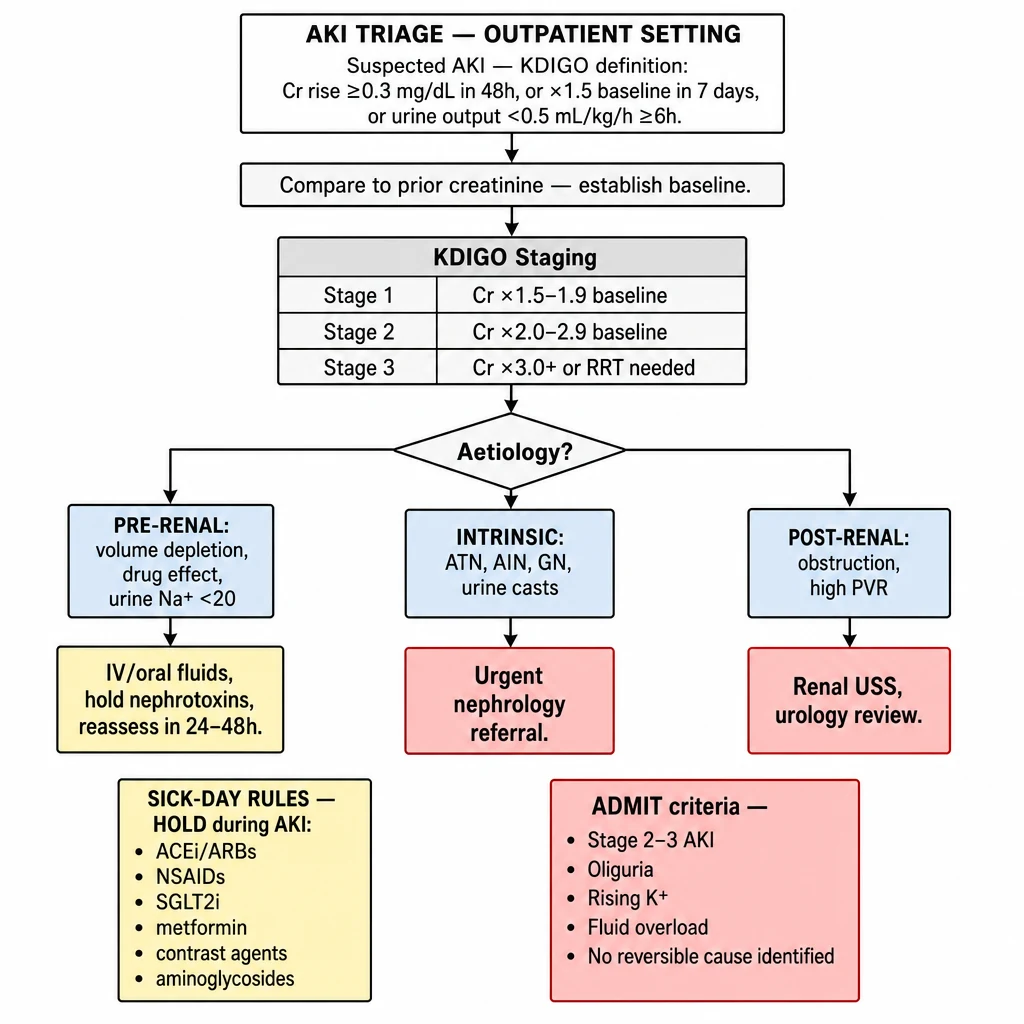 AKI triage outpatient algorithm — KDIGO staging table, pre/intrinsic/post-renal aetiology columns, sick-day rules ACEi/ARBs/NSAIDs/SGLT2i, admit criteria Stage 2-3 AKI oliguria rising potassium