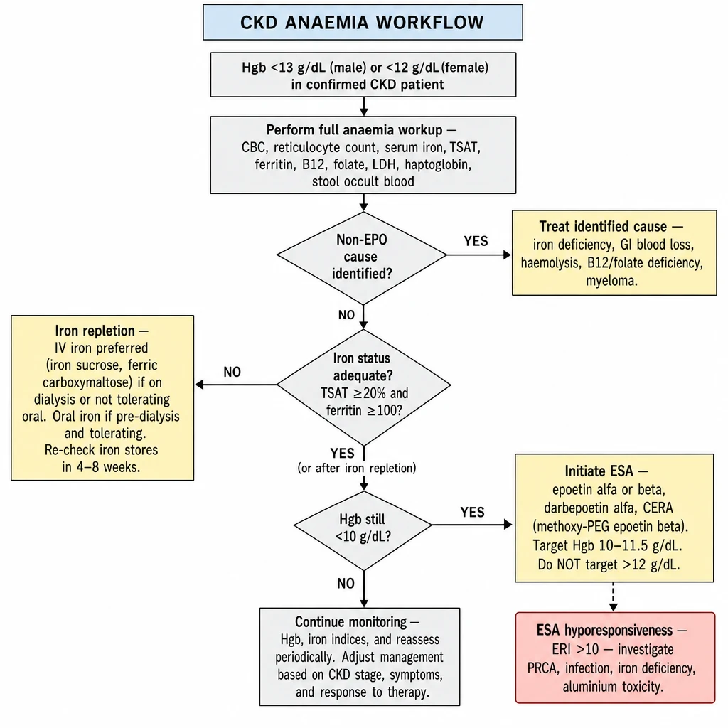 CKD anemia workflow algorithm — full workup excluding other causes, iron status TSAT ferritin thresholds, IV iron preferred, ESA sequence epoetin darbepoetin CERA, Hgb target 10-11.5, ESA hyporesponsiveness ERI above 10