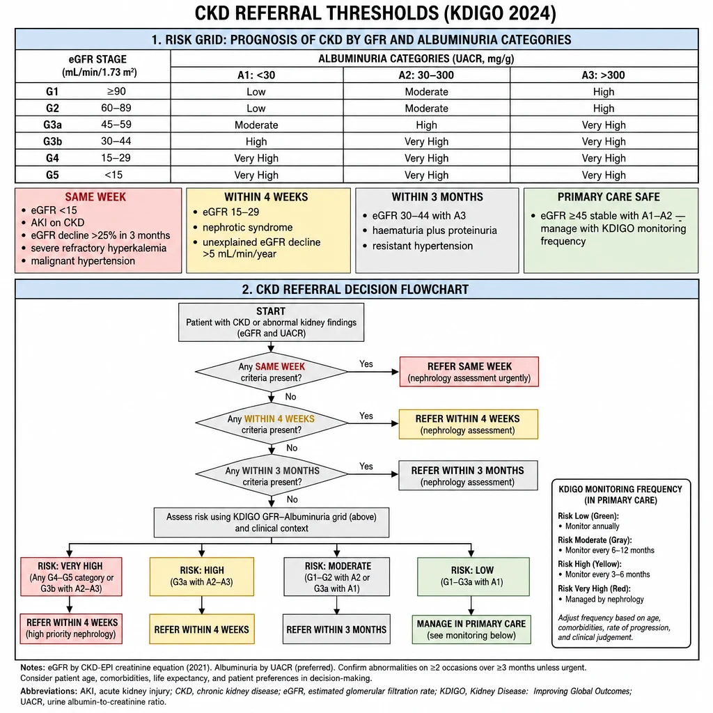 CKD referral thresholds infographic — KDIGO 2024 heat-map grid eGFR G1-G5 by albuminuria A1-A3, four urgency tiers: urgent same-week, within 4 weeks, within 3 months, primary-care safe