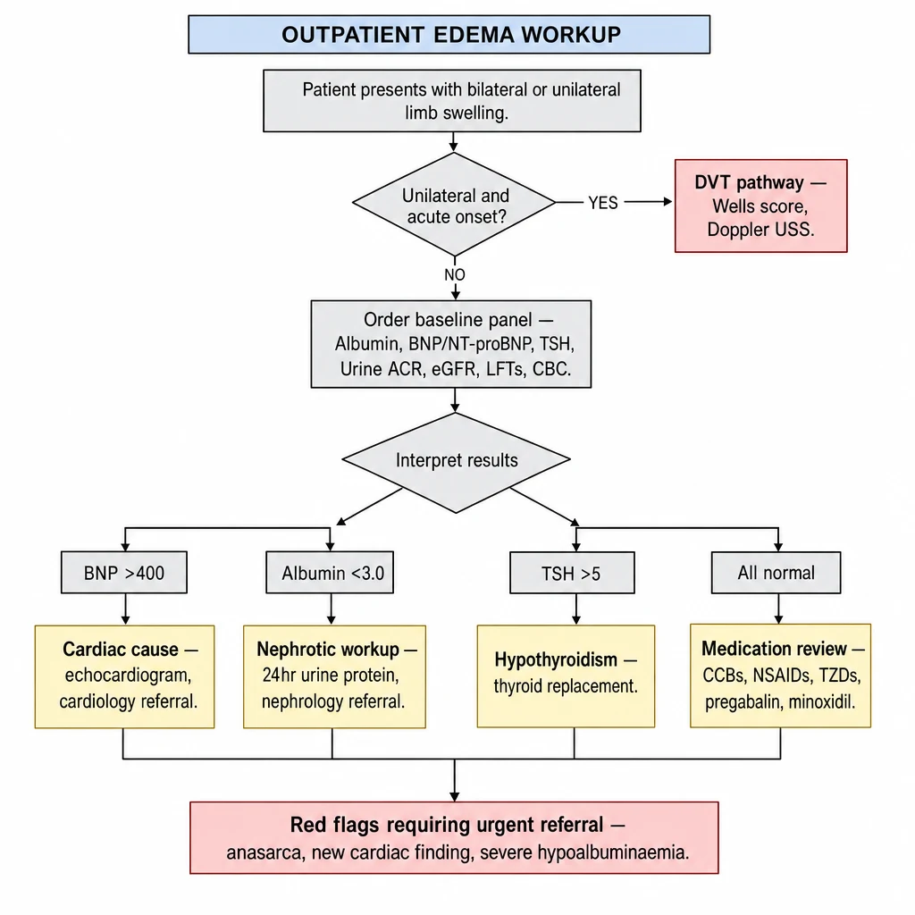 Outpatient edema workup decision algorithm — unilateral DVT pathway, BNP/albumin/TSH branches, medication causes, red flags for urgent referral