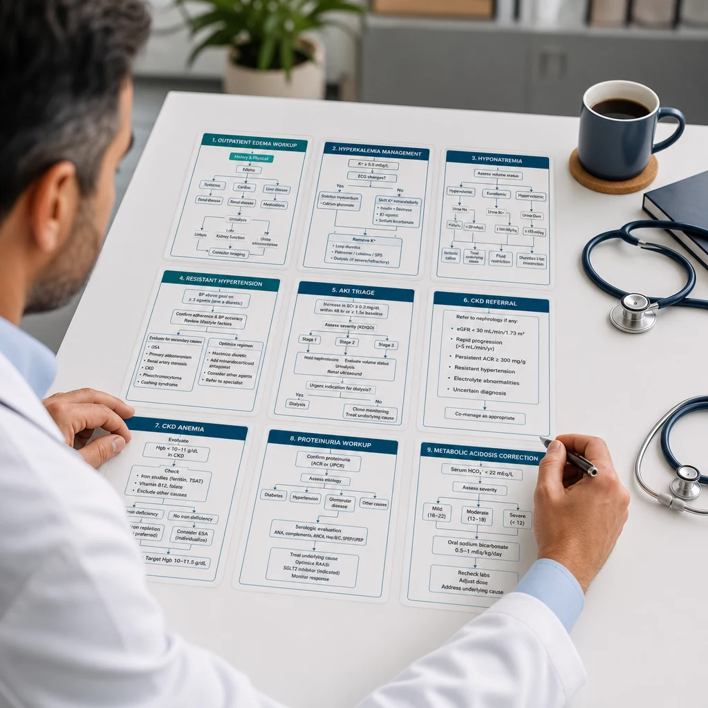Clinical reference overview — 9 outpatient decision algorithm cards for nephrology and general medicine, KDIGO 2024