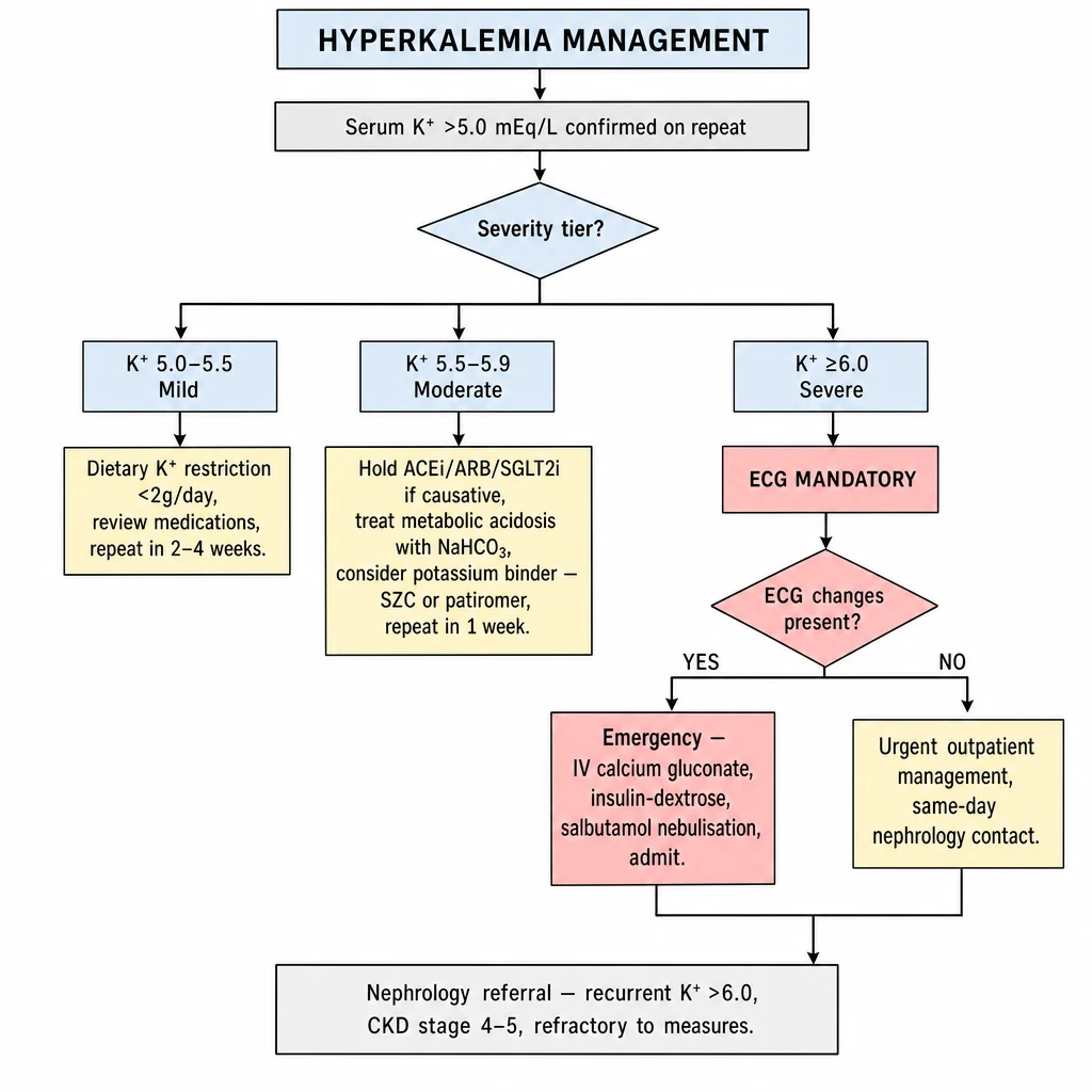Hyperkalemia management algorithm — severity tiers 5.0–5.5 / 5.5–5.9 / ≥6.0, ECG mandatory above 6.0, dietary restriction, potassium binders, nephrology referral criteria