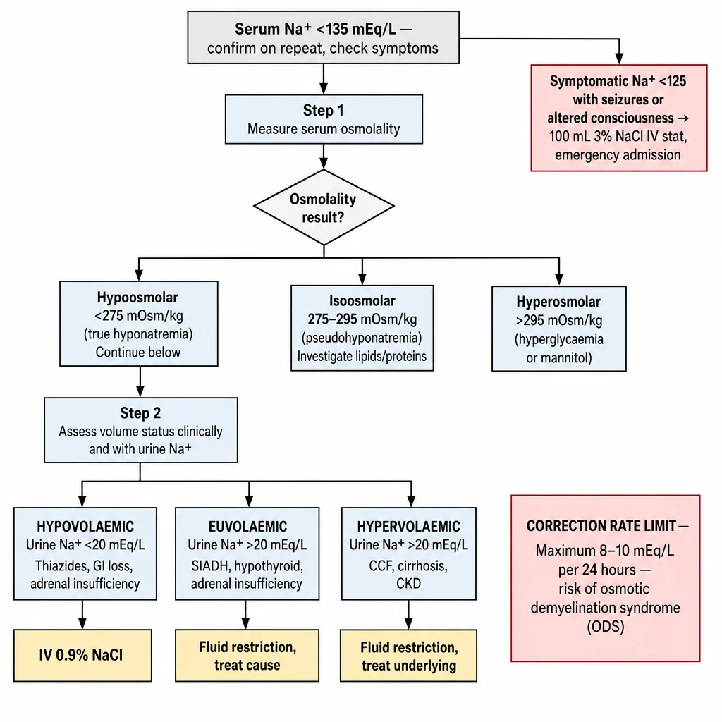 Hyponatremia management 3-step algorithm — serum osmolality classification, volume status branching, correction rate limits ≤10 mEq/24h, symptomatic Na+ below 125 emergency protocol