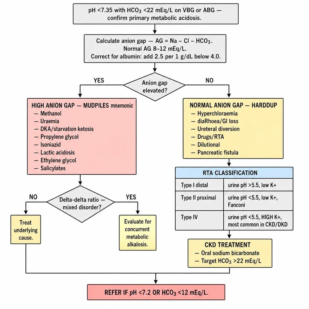 Metabolic acidosis workup algorithm — confirm pH HCO3, anion gap calculation with albumin correction, high AG MUDPILES mnemonic, normal AG HARDDUP RTA types I II IV, CKD treatment oral sodium bicarbonate, pH below 7.2 referral