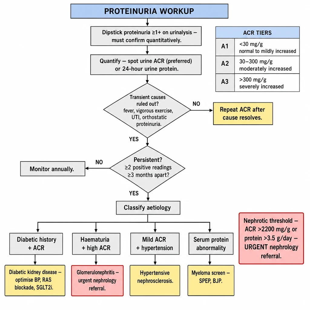 Proteinuria workup algorithm — quantify with spot ACR A1/A2/A3 tiers, transient vs persistent definition, aetiology branches DKD hypertensive nephrosclerosis GN myeloma, nephrotic threshold ACR above 2200 urgent referral