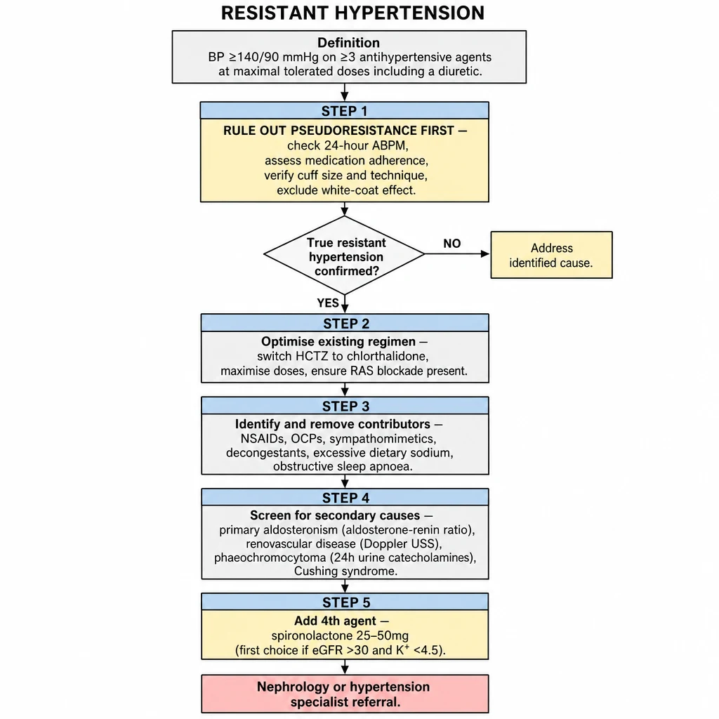 Resistant hypertension 5-step clinical algorithm — pseudoresistance exclusion with 24h ABPM, regimen optimisation, secondary cause screening including primary aldosteronism, spironolactone as 4th agent