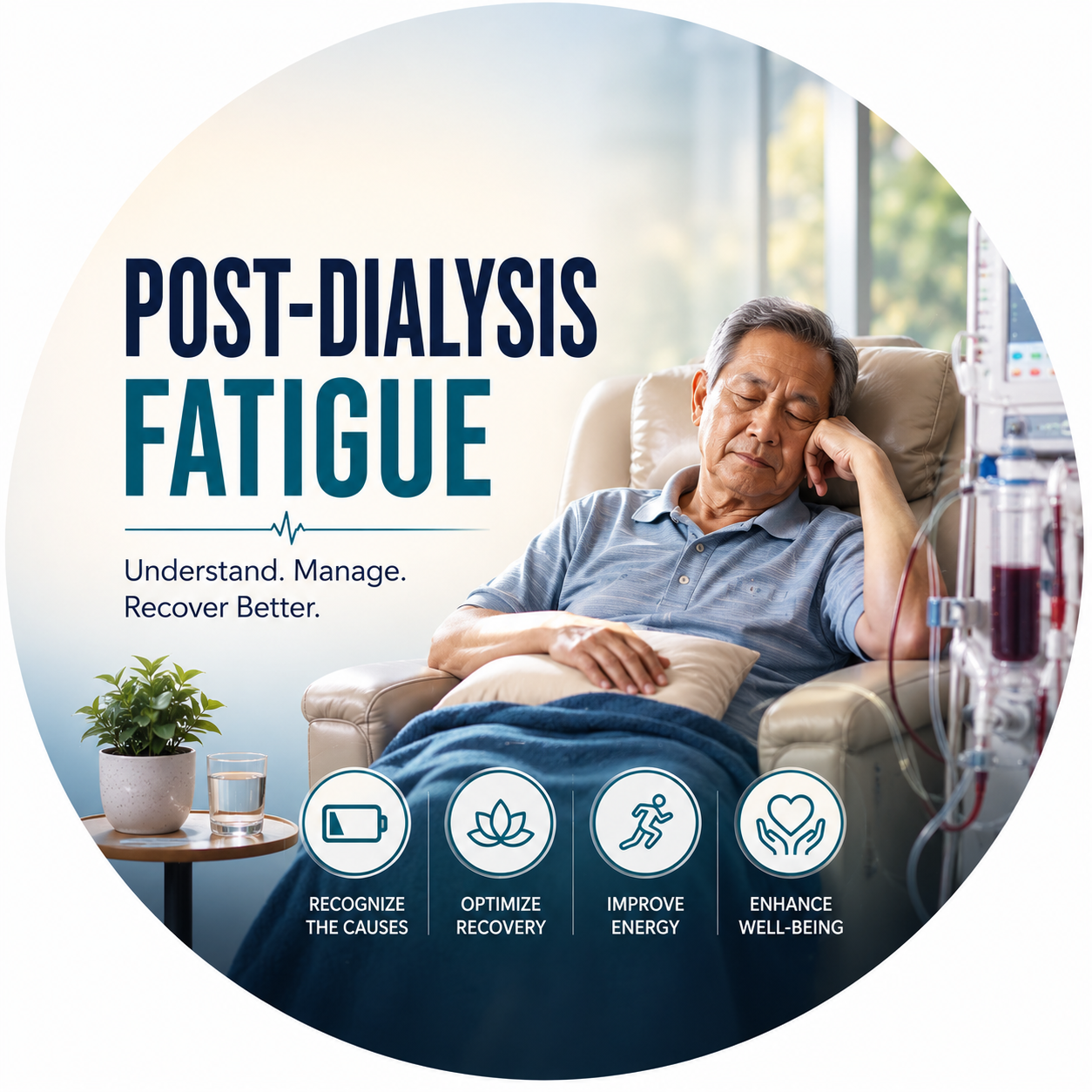Circular vignette hero illustration for the post-dialysis fatigue guide.