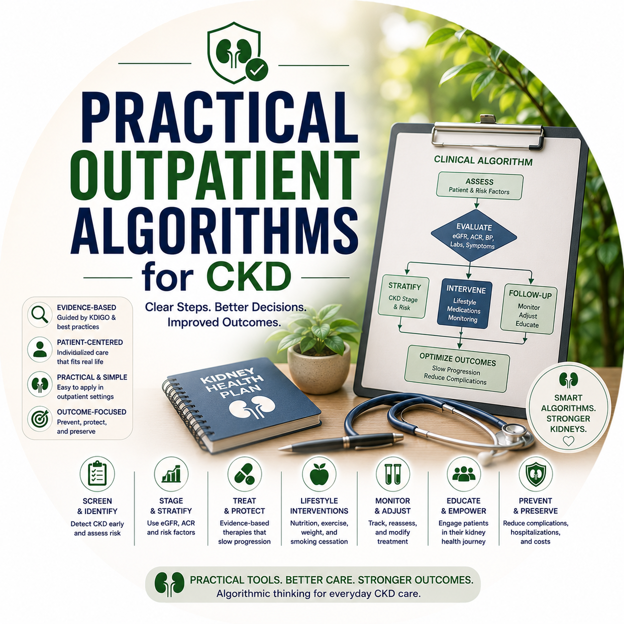 Circular vignette hero illustration for the practical outpatient nephrology algorithms guide.