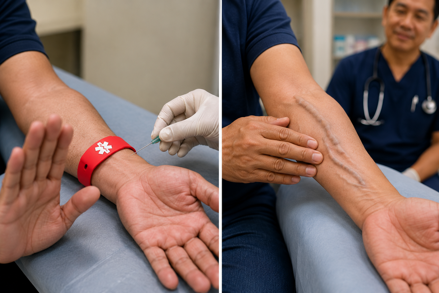 Diptych: left panel shows a Filipino patient's forearm wearing a red medical alert wristband with a gloved hand holding a needle approaching the arm, while the patient's other hand is raised in refusal — protecting the non-dominant arm from venipuncture; right panel shows a Filipino doctor palpating a patient's forearm to feel the thrill of a mature arteriovenous fistula, with visible dilated veins