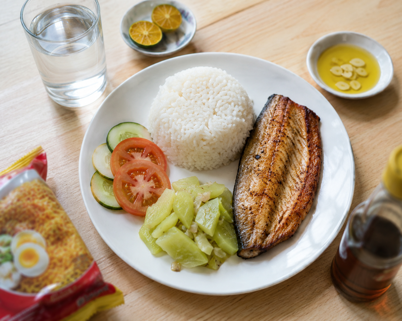 Overhead food photography of a pre-dialysis Filipino meal: a white plate with grilled bangus (milkfish), white rice, sliced tomatoes, cucumber, and sautéed sayote; a glass of water and calamansi condiment at top; a blurred packet of instant noodles at the left edge and a dark cola bottle at the right edge showing foods to avoid