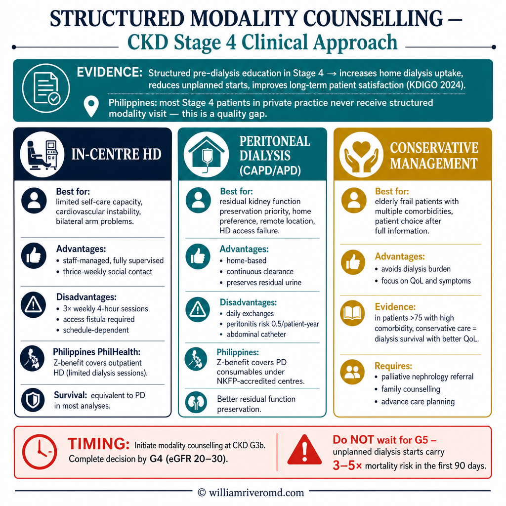 Pre-ESKD Modality Selection — HD vs PD vs conservative management decision algorithm