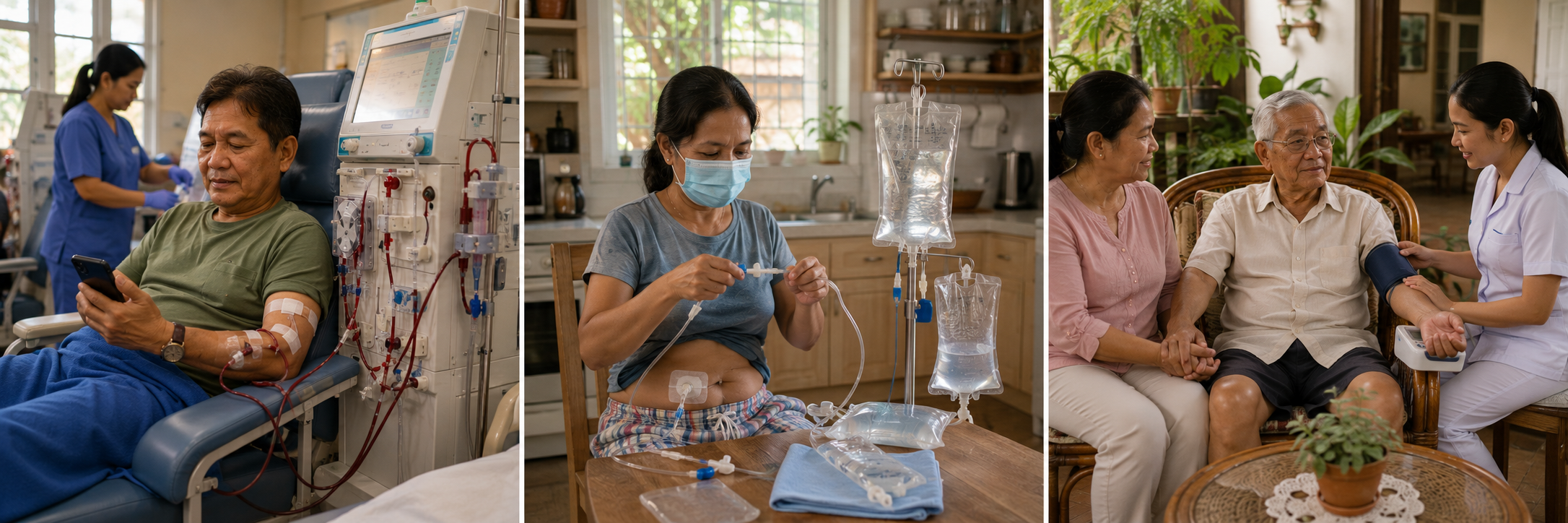 Triptych comparing three kidney replacement therapy options: left panel shows a Filipino male patient in a hemodialysis chair connected to a dialysis machine with a nurse attending; center panel shows a Filipino woman performing a home CAPD peritoneal dialysis exchange at her kitchen table; right panel shows an elderly Filipino man in conservative care being monitored by a nurse at home
