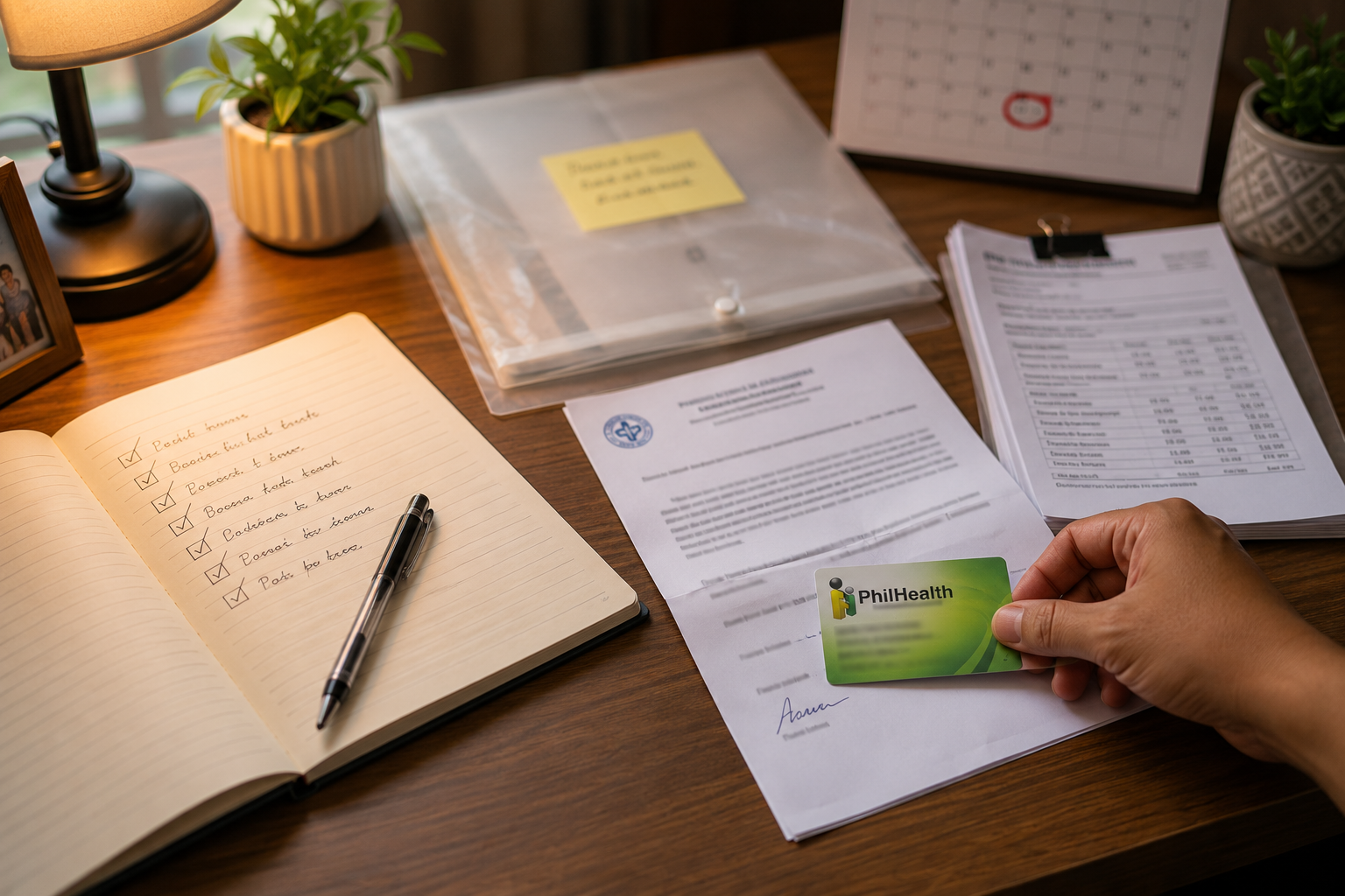 Organized desktop showing a hand holding a PhilHealth ID card over a table with a notebook open to a hand-written pre-ESKD enrolment checklist with checkbox items, a stack of medical documents and lab results, a clear document envelope, a desk lamp, and a calendar with a date circled in red